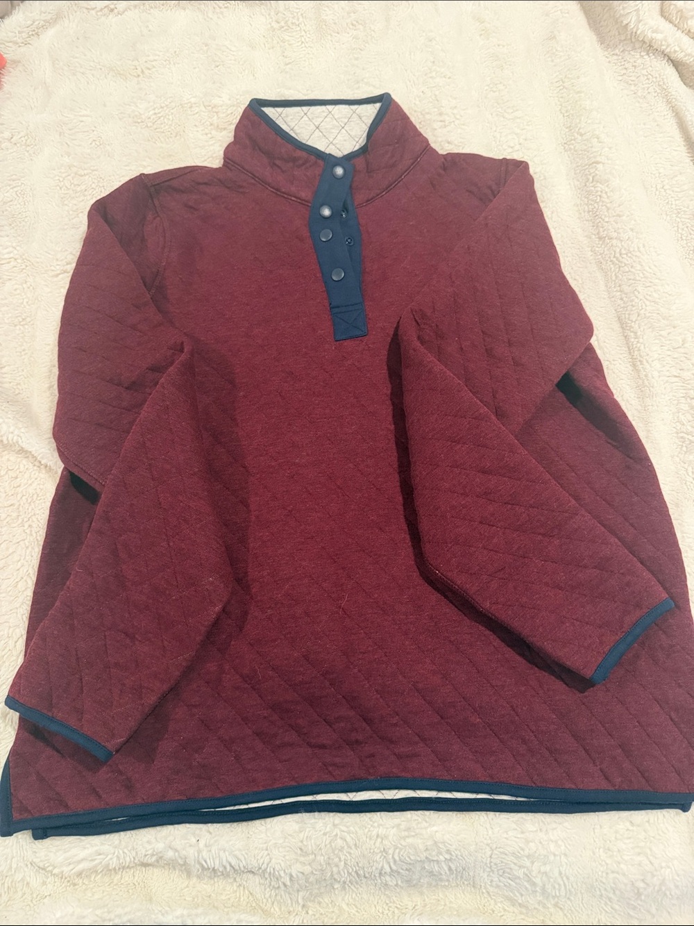 Quince Cream Quilted Pullover with Navy Trim